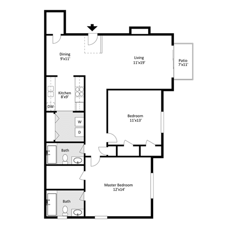 Floor plan for 2 beds, 2 baths, 1093 sqft